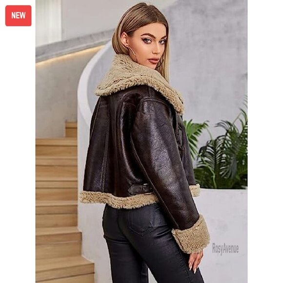 Large Faux Leather Biker Jacket with Sherpa Lining, Winter Coat - Picture 6 of 8